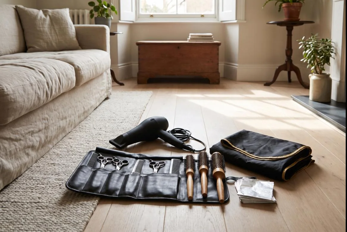 Mobile hairdressing kit set out in a client's living room